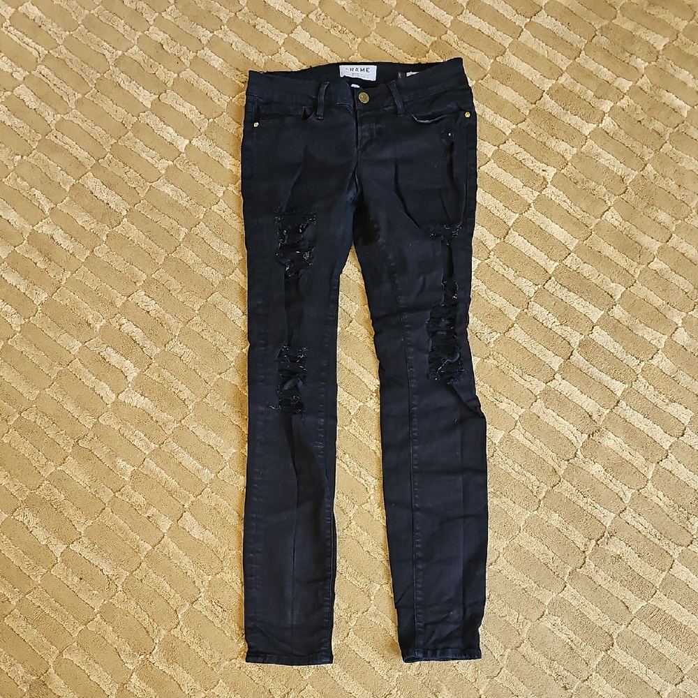 Frame Denim Dark Skinny Jeans with Distressed Details